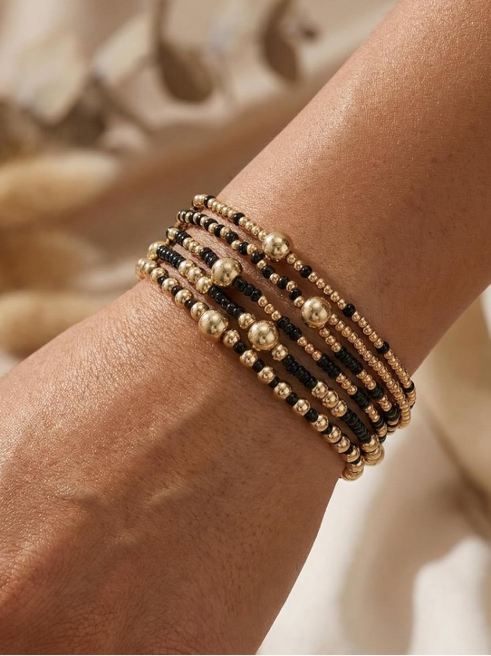 14 K Gold and Black Beaded Multi-Strand Women's Bracelet